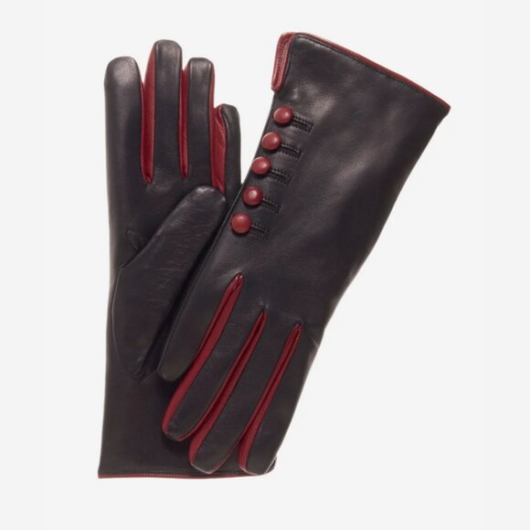 Fratelli Orsini Black & Red Leather Gloves with Cashmere Lining and Buttons 6.5 - Picture 2 of 8